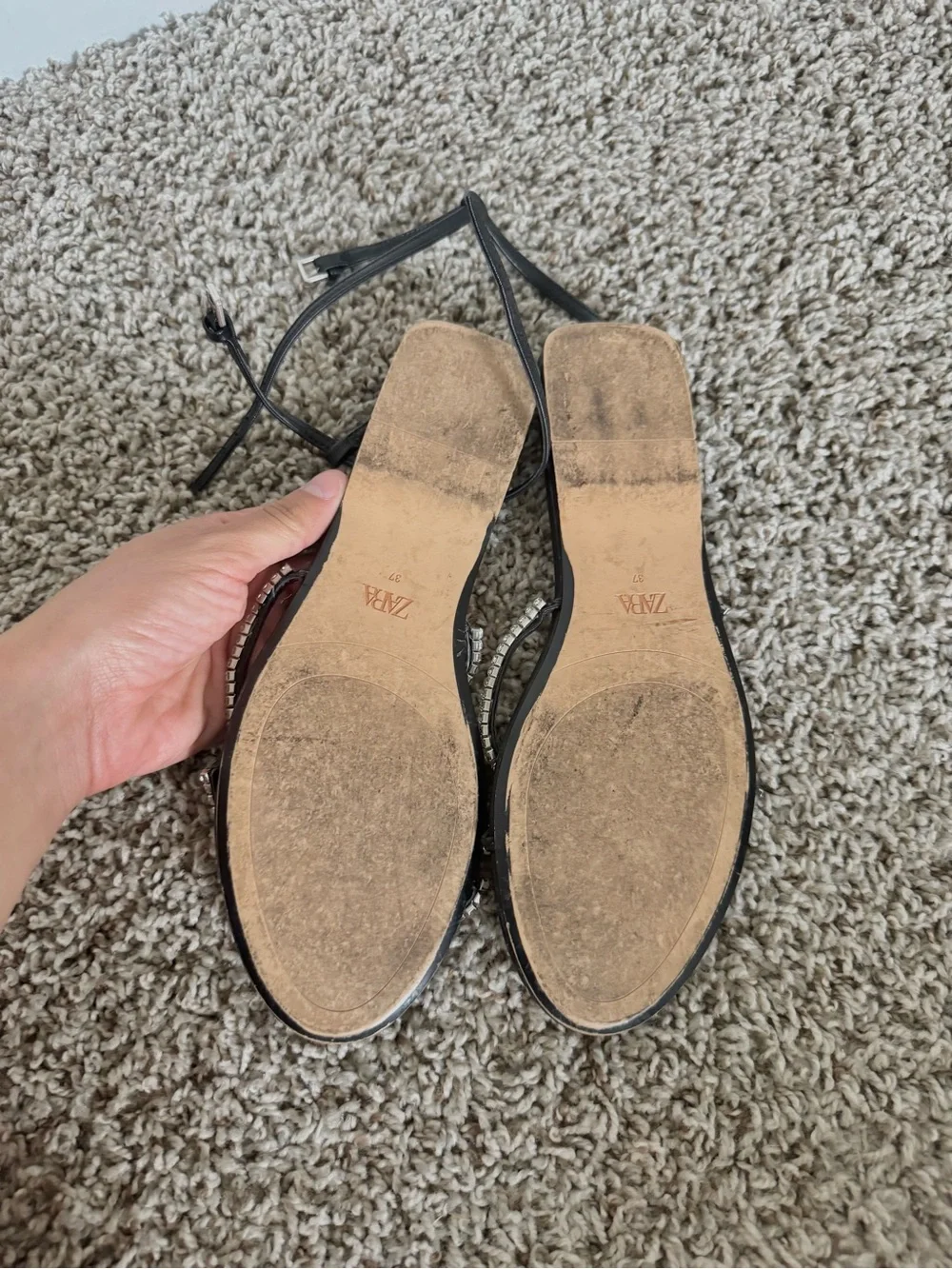 Zara Black Crystal-Strap Ankle-Secured Flat Sandals - Picture 4 of 6